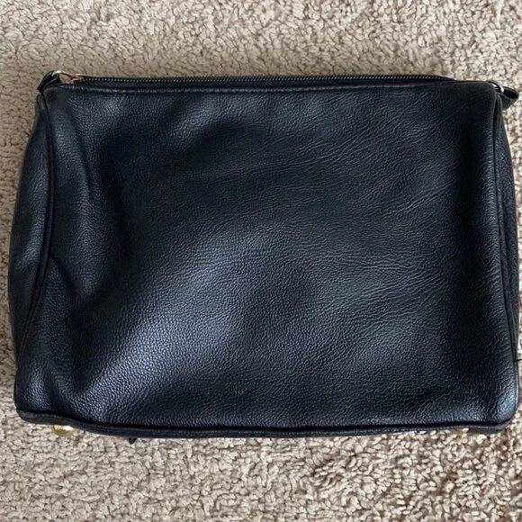 Black leather crossbody bag with gold zippers and hardware. - Picture 2 of 3